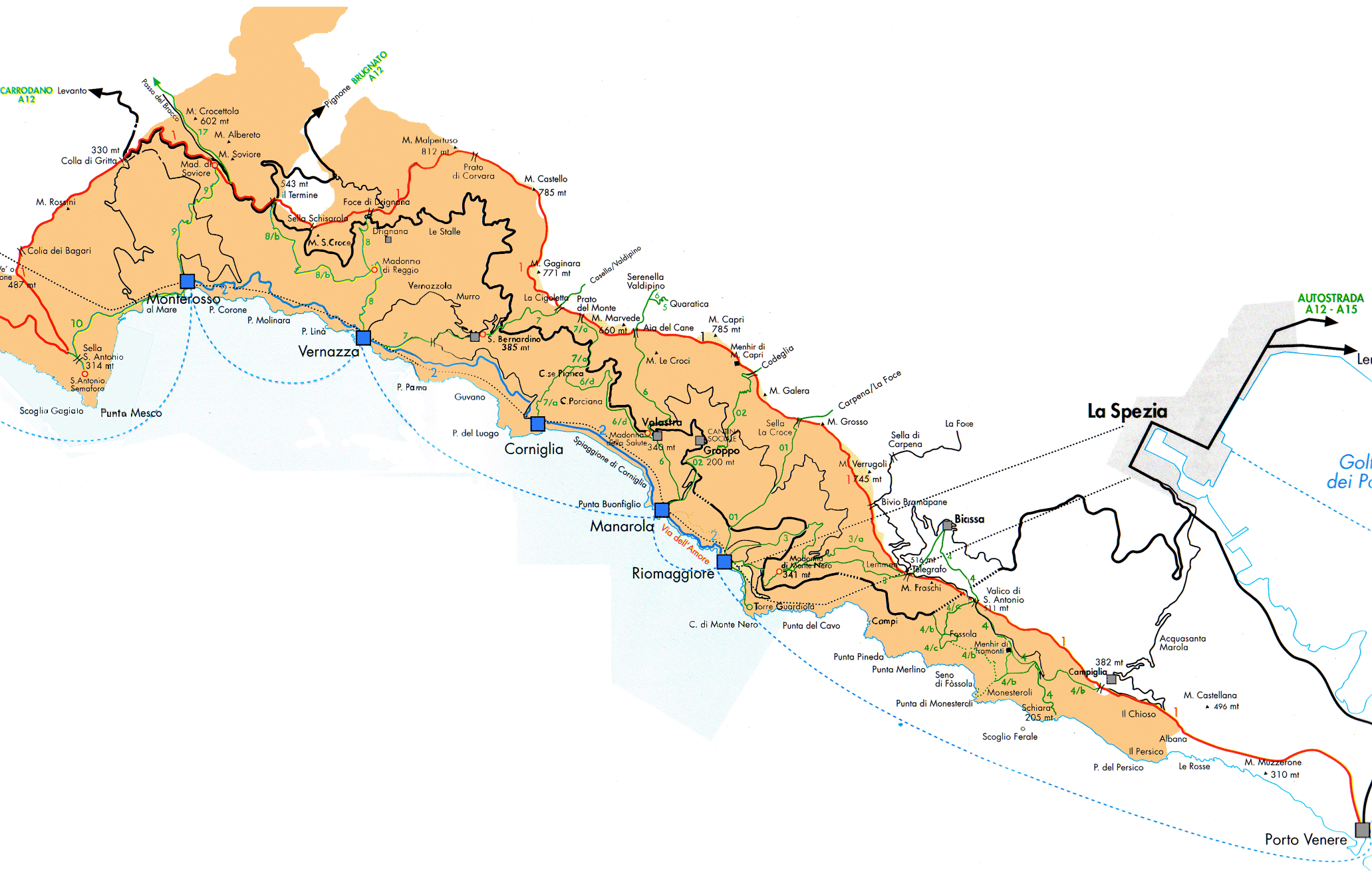 Mapa con el itinerario de Cinque Terre en Italia