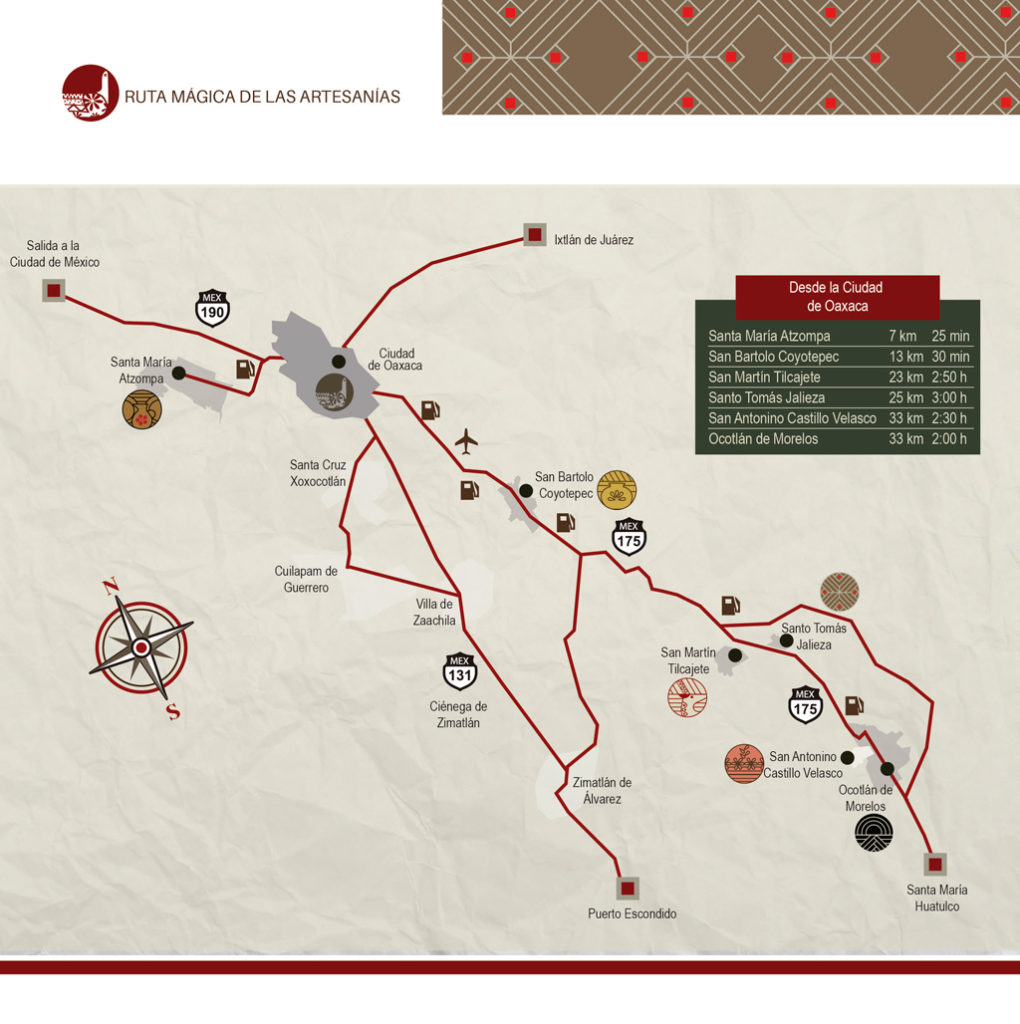 Mapa de la Ruta de los Pueblos de Artesanías de Oaxaca