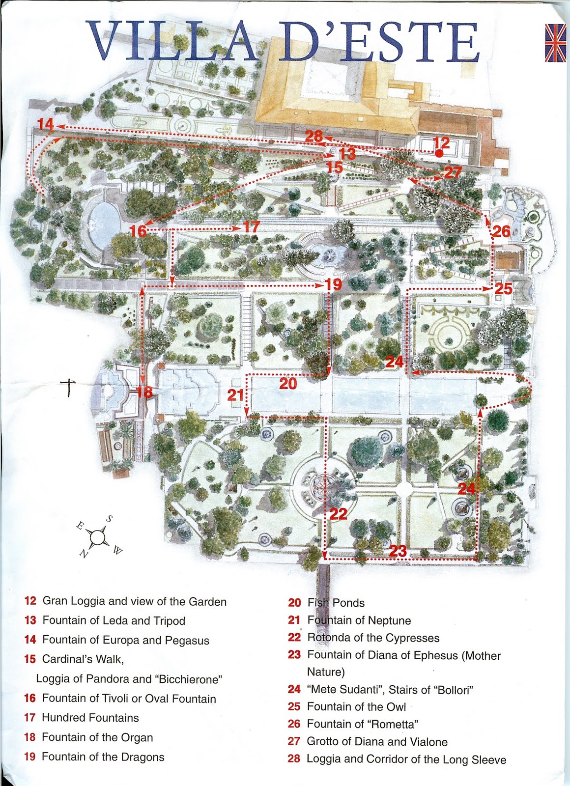 Mapa de las esculturas y principales puntos que ver en Villa d'Este