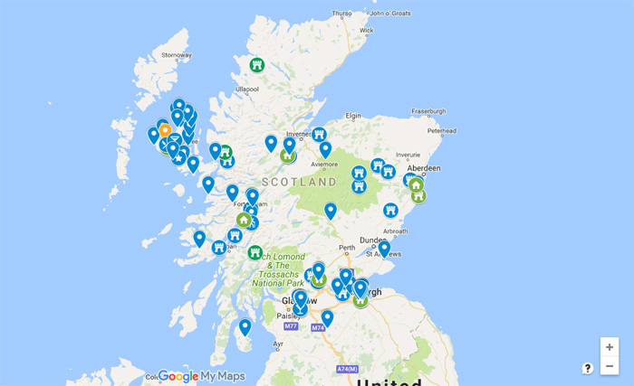 Mapa con los destinos a ver en Escocia