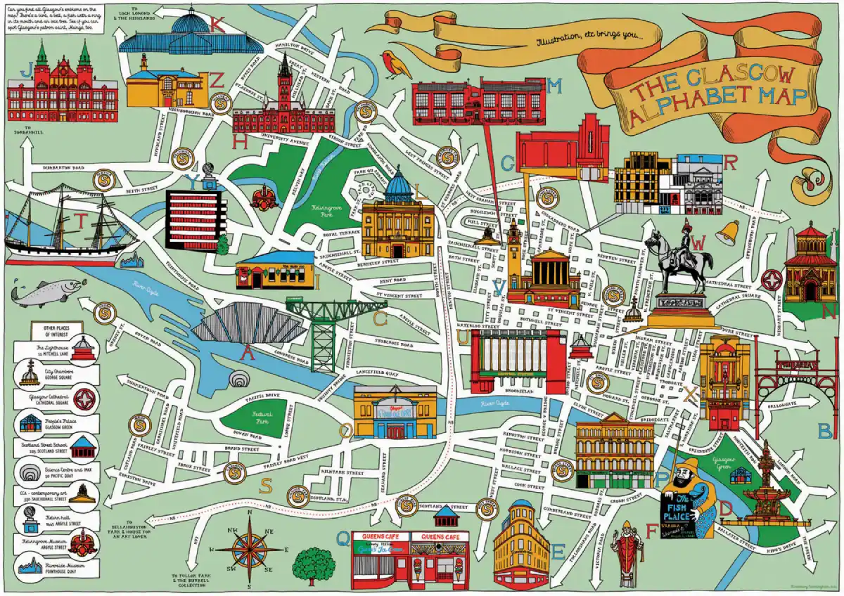 Mapa de monumentos y lugares interesantes de Glasgow