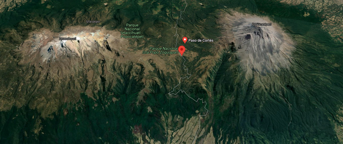 El Paso de Cortés entre el Popocatépetl y el Iztaccíhuatl