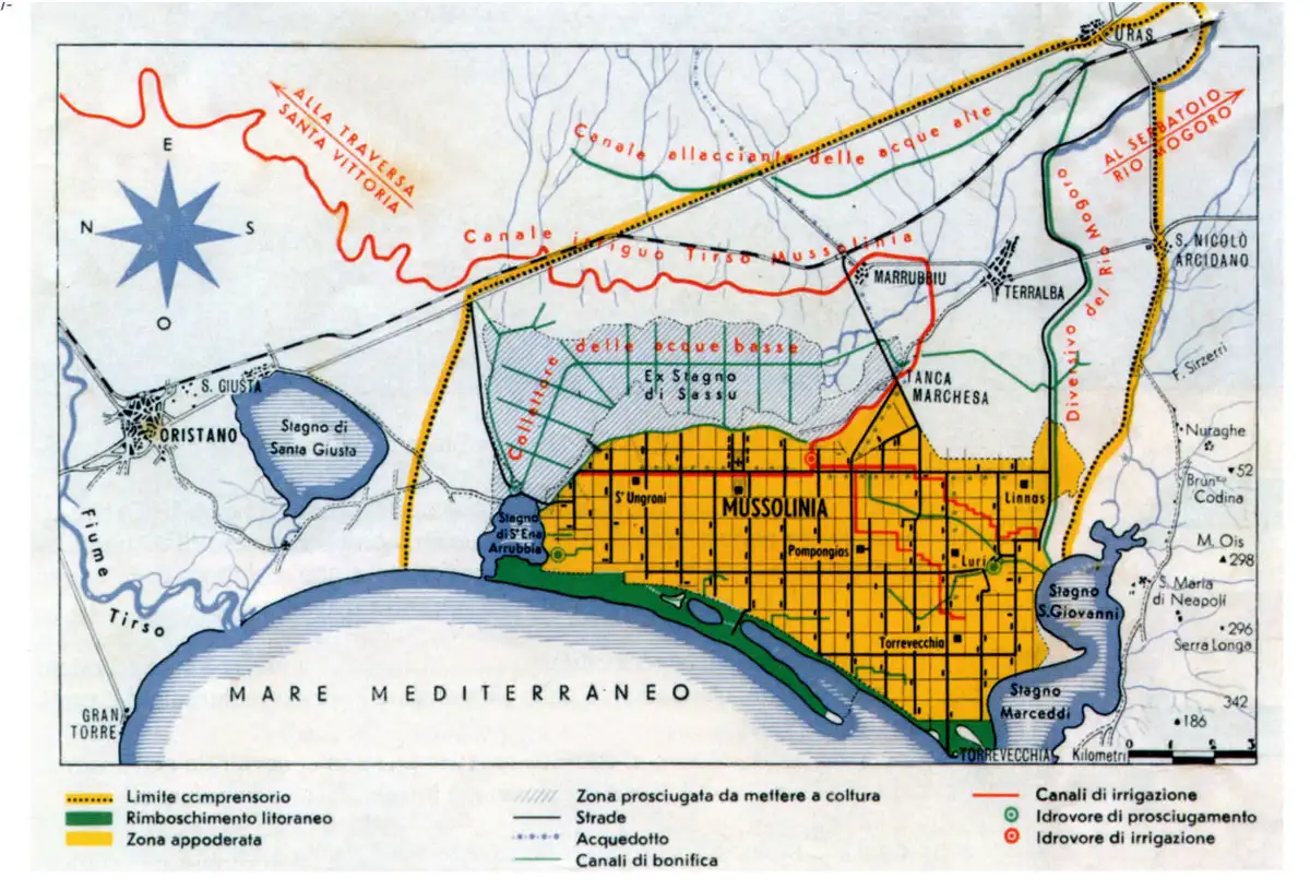 Mapa de Mussolinia, la ciudad surgida de la recuperación de la zona de marismas